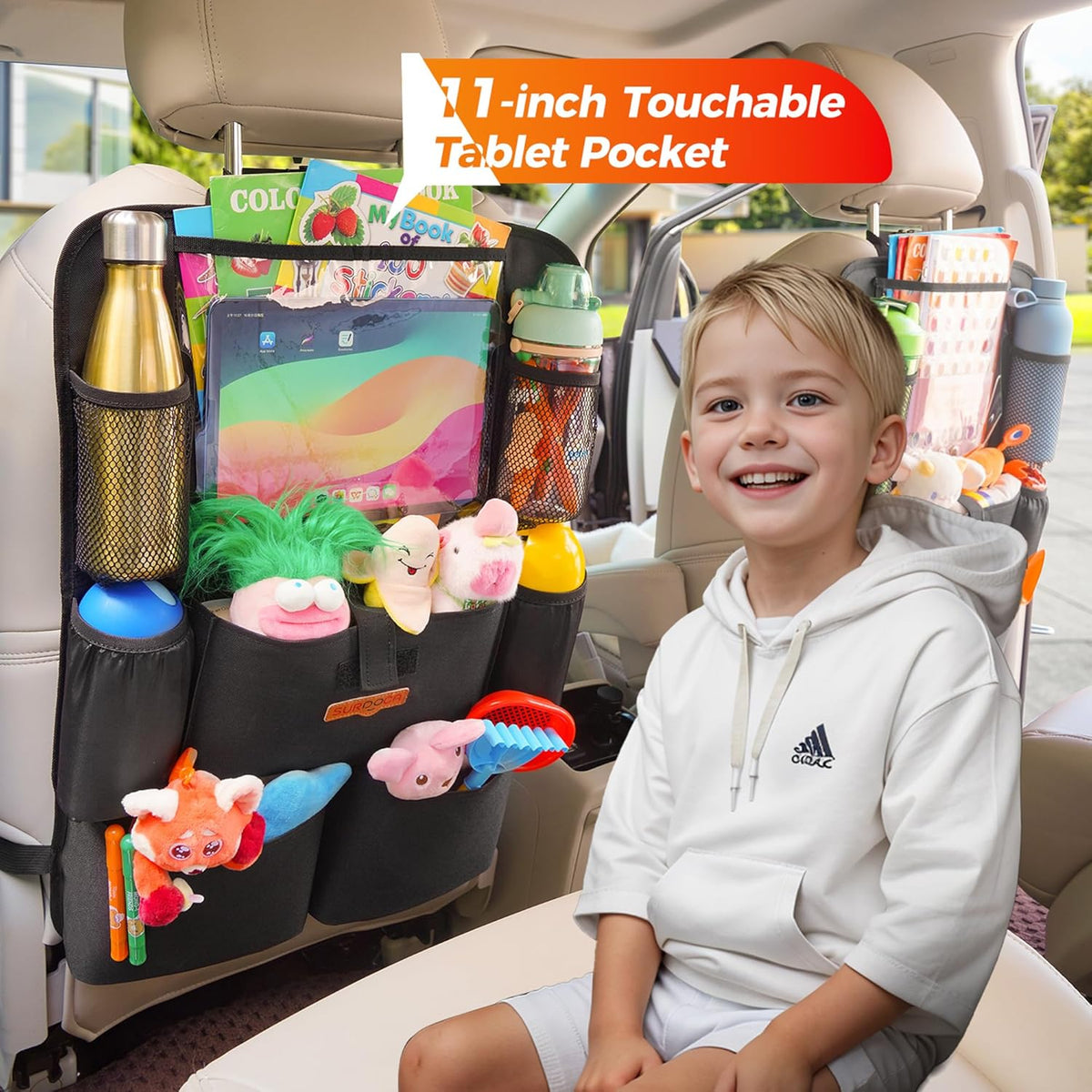 SURDOCA Car Organizers and Storage, Upgraded Car Seat Organizer with 11-inch Touch Screen Tablet Holder, Backseat Car Organizer with 8 Pockets, Car Seat Protector Road Trip Essentials for Kids