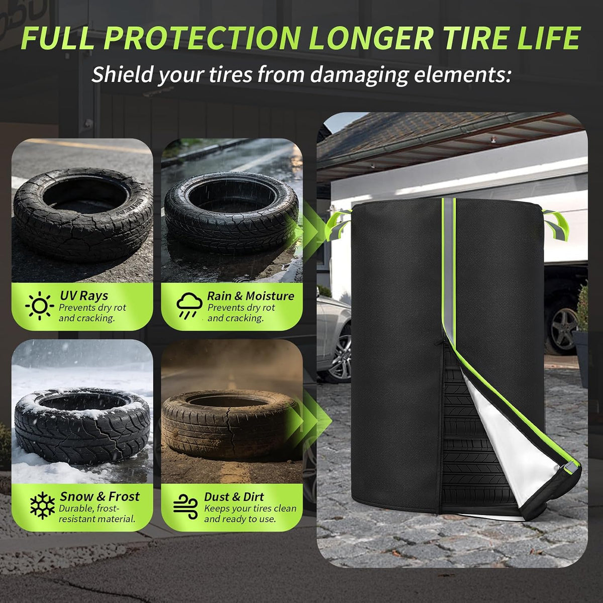 Tire Cover for Storage, 420D Oxford Waterproof Up to 28in Tire Bag with Reflective Handles 4 Felt Pads, Fits 4 Tires Storage Bag W/Zipper & Drawstring Lock for UV Protection, Dirt-Resistant