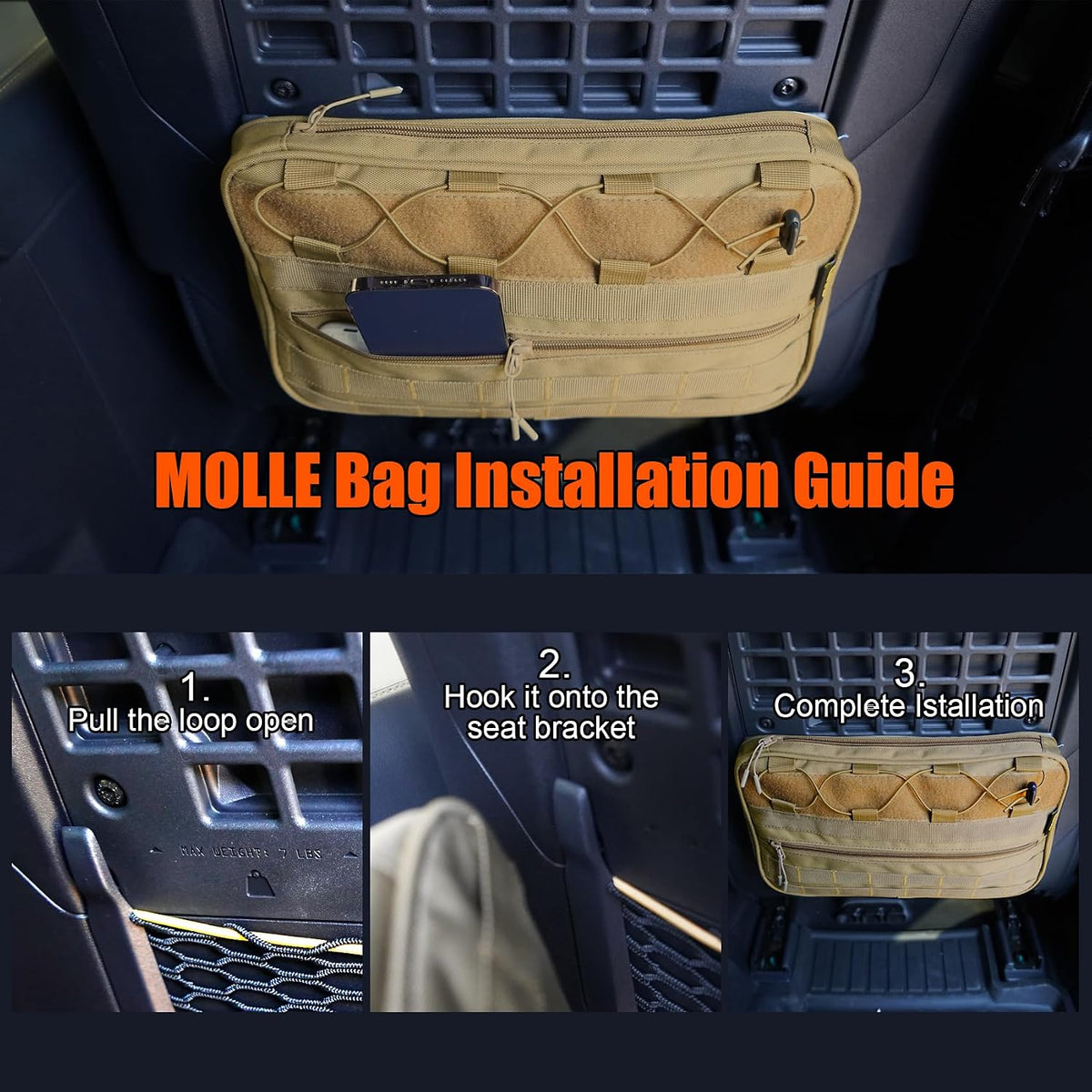Car Storage Organizer Compatible with 2021-2025 Ford Bronco 2/4 Door, Heavy Duty Rattle-Free Backseat Tactical Seat Storage Bags, No-Drill 600D Oxford Anti-Clutter Gear-Brown