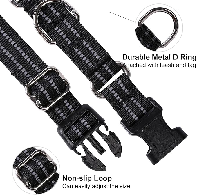 Martingale Dog Collar, Adjustable Nylon Reflective Collar with Buckle No Pull Dog Collar for Small Medium Large Dogs (Black S)
