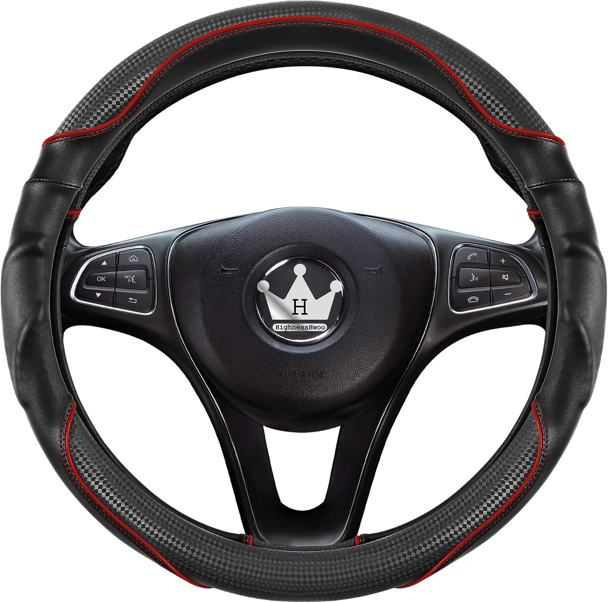 HighnessHwoo 3D Car Steering Wheel Cover Comfort Grip Massage Sporty Anti-Slip Carbon Fiber Faux Leather for Sedan SUV, Universal Fit, Car Handle Covers for All Seasons, 14.75-15.15in, Red