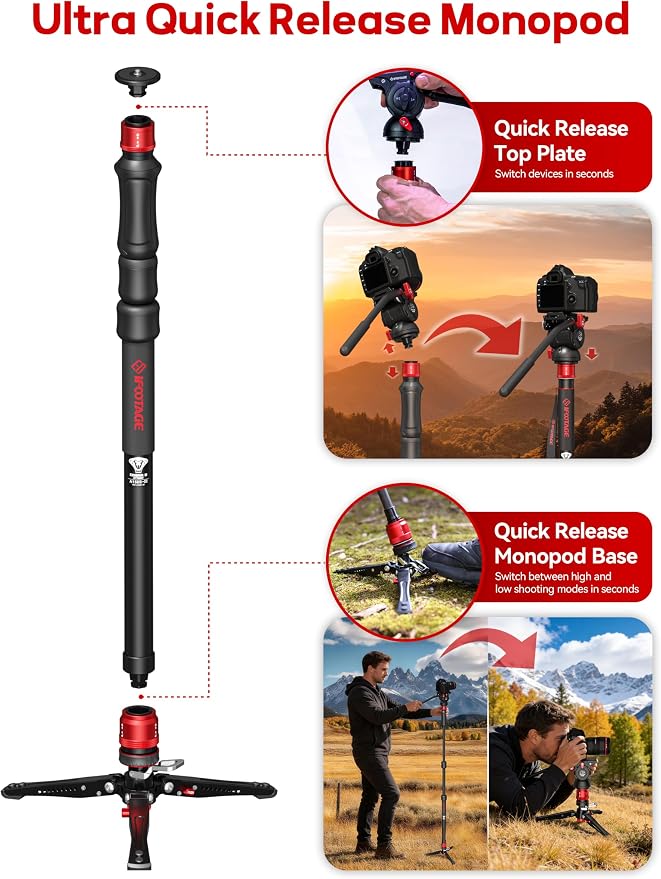 IFOOTAGE Monopod Cobra 3 Strike A150S, 1/4'' & 3/8'' Quick Release Compatible