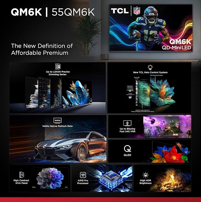 TCL 55 Inch Class QM6K Series | Mini LED QLED 4K HDR | 55QM6K, Latest Model | 120HZ-144HZ High Brightness Smart Google TV Dolby Atmos Onkyo Audio | Voice Remote Alexa Gaming Streaming Television