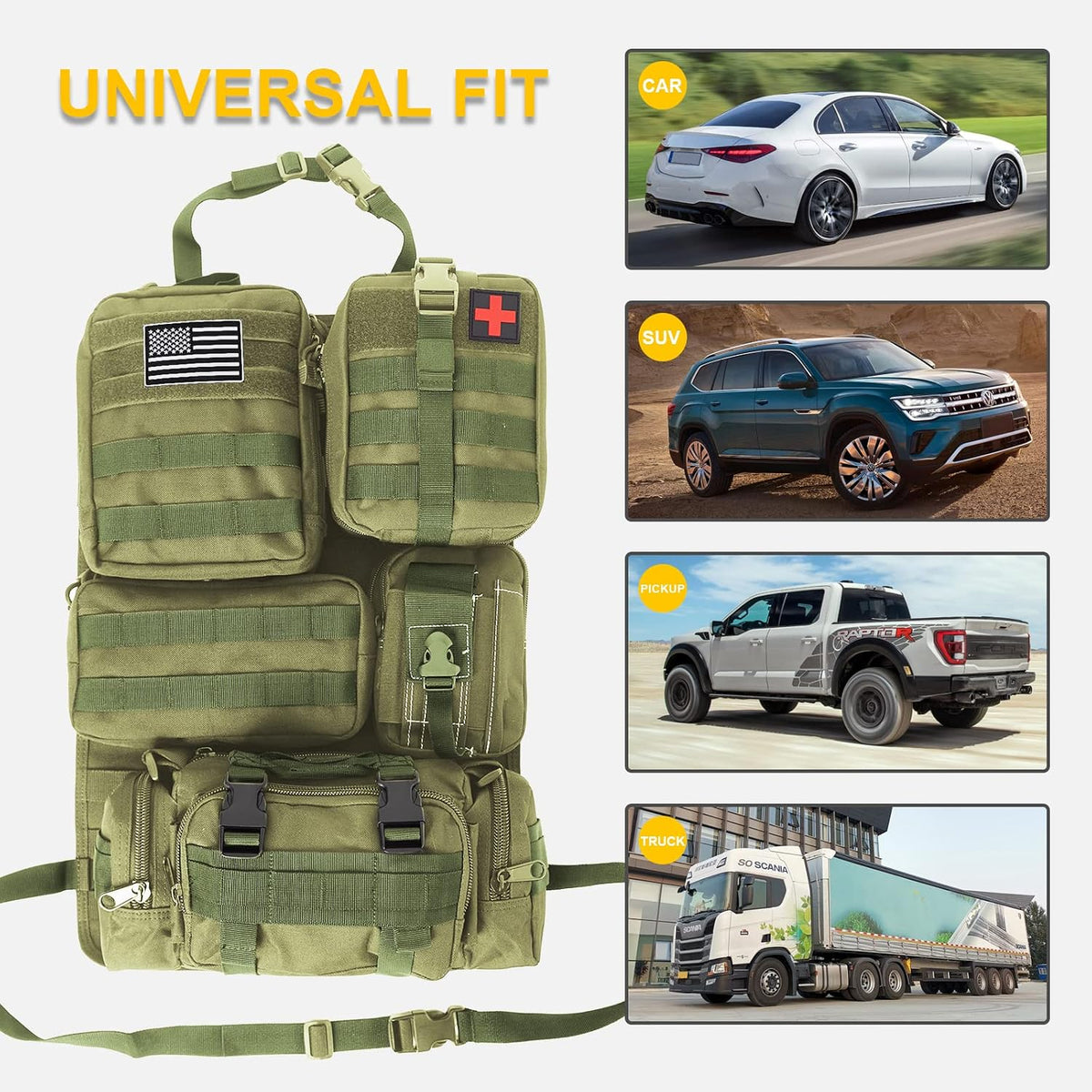 Universal Tactical Car Seat Back Organizer Bag Tactical Molle Vehicle Organizers Panel Vehicle Protector Organizers with 5 Detachable Pouches for Car Truck Ford Jeep (Army green)