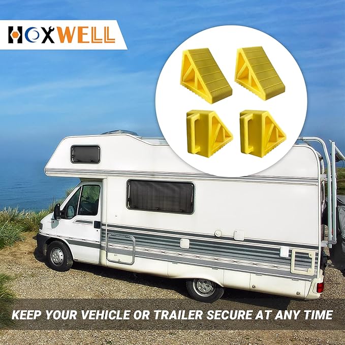 HOXWELL Wheel Chocks Premium, Heavy Duty Camper Vehicle Wedge Design with Black Rubber Bottom Chocks for Travel Trailers, Truck, Car, RV Yellow 4 Pcs