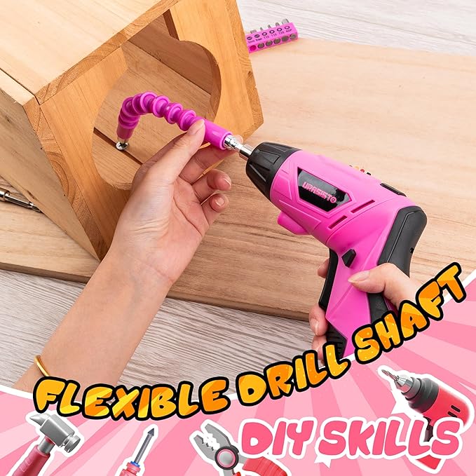 55-Piece Kids Real Tool Set, Electric Cordless Drill Tool Kit for Children with Interchangeable Bits, Flexible Shaft, Charger, All in Carrying Case, Power Drill Tools Set for Kid, Age 14+
