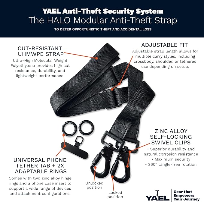 YAEL Halo Black Adjustable Cut-Resistant Anti-Theft Security Strap