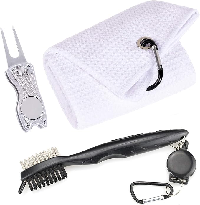 Mile High Life Microfiber Waffle Pattern Golf Towel | Club Groove Cleaner Brush | Foldable Divot Tool with Magnetic Ball Marker (White Towel/Brush/Fish Divot)