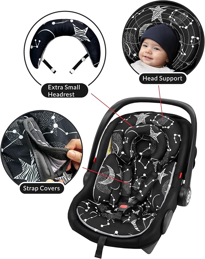 Infant Car Seat Insert with Removable Cushion for Preemie to Toddler, Reversible Newborn Carseat Insert for Baby Head Body Support, Fits for Stroller, Baby Swing, Bouncer (Black Star)