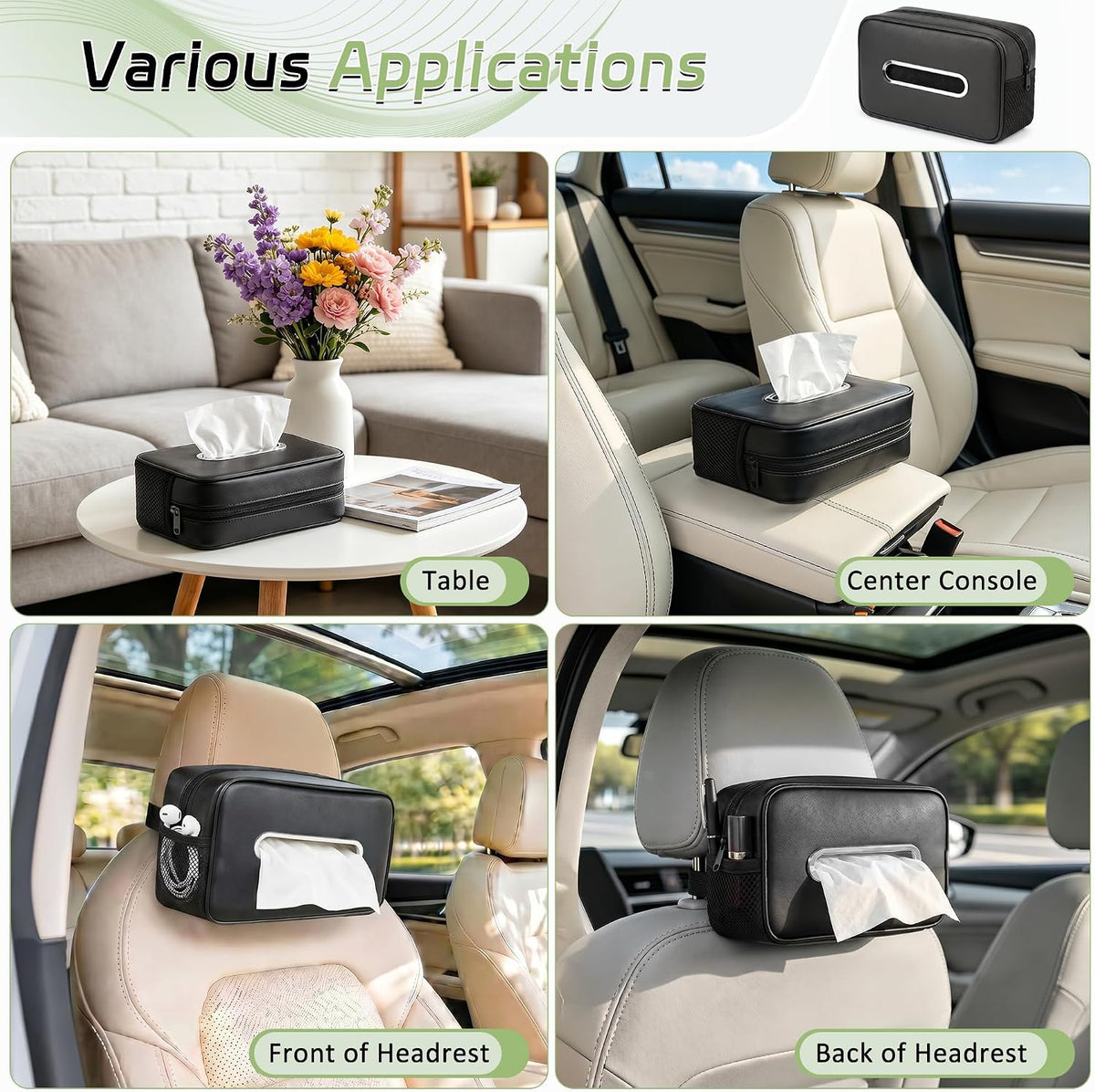 Car Tissue Box Holder PU Leather Car Organizer with Side Storage Pockets