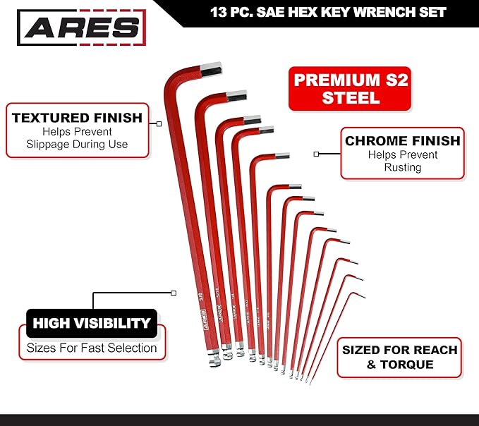 ARES 70164-13-Piece SAE Long Arm Ball End Hex Key Wrench Set - Chrome Finish with Red High Visibility Anti-Slip Coating - Convenient Storage Case Included