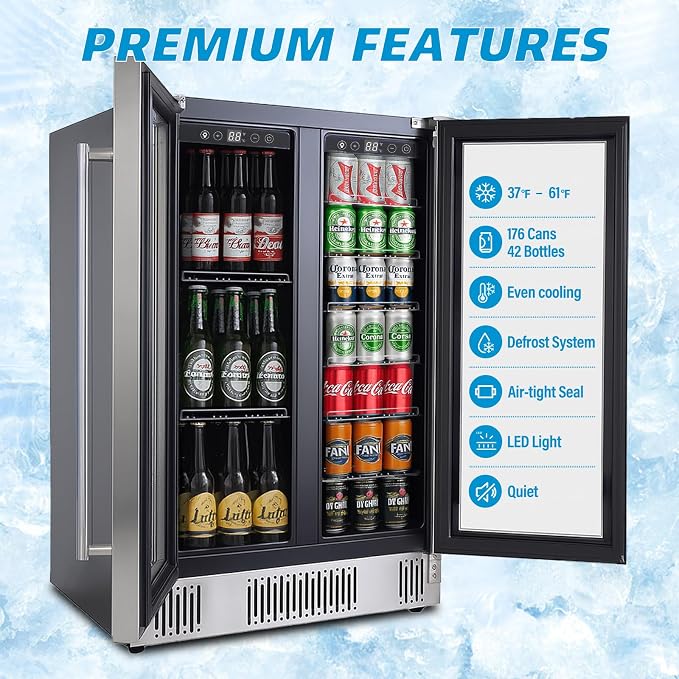 24 inch Dual Zone Wine and Beverage Refrigerator Cooler, 5.4 Cubic/176 Can Large Fridge with Glass Front Door, Beer or Wine,Small Refrigerator with Adjustable Shelves and Digital Display