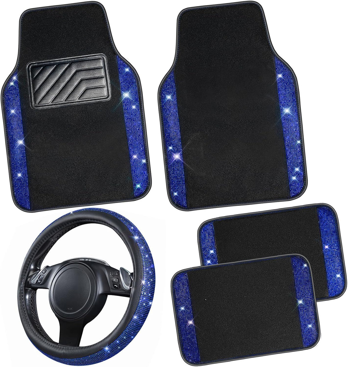 CAR PASS Bling Diamond Leather Steering Wheel Cover 14.5in-15in Floor Mats Shining Rhinestone Carpet Sparkly Glitter Crystal Anti-Slip Pad Fit Automotive SUV Pickup Truck Girl Women, 5pcs Black Blue