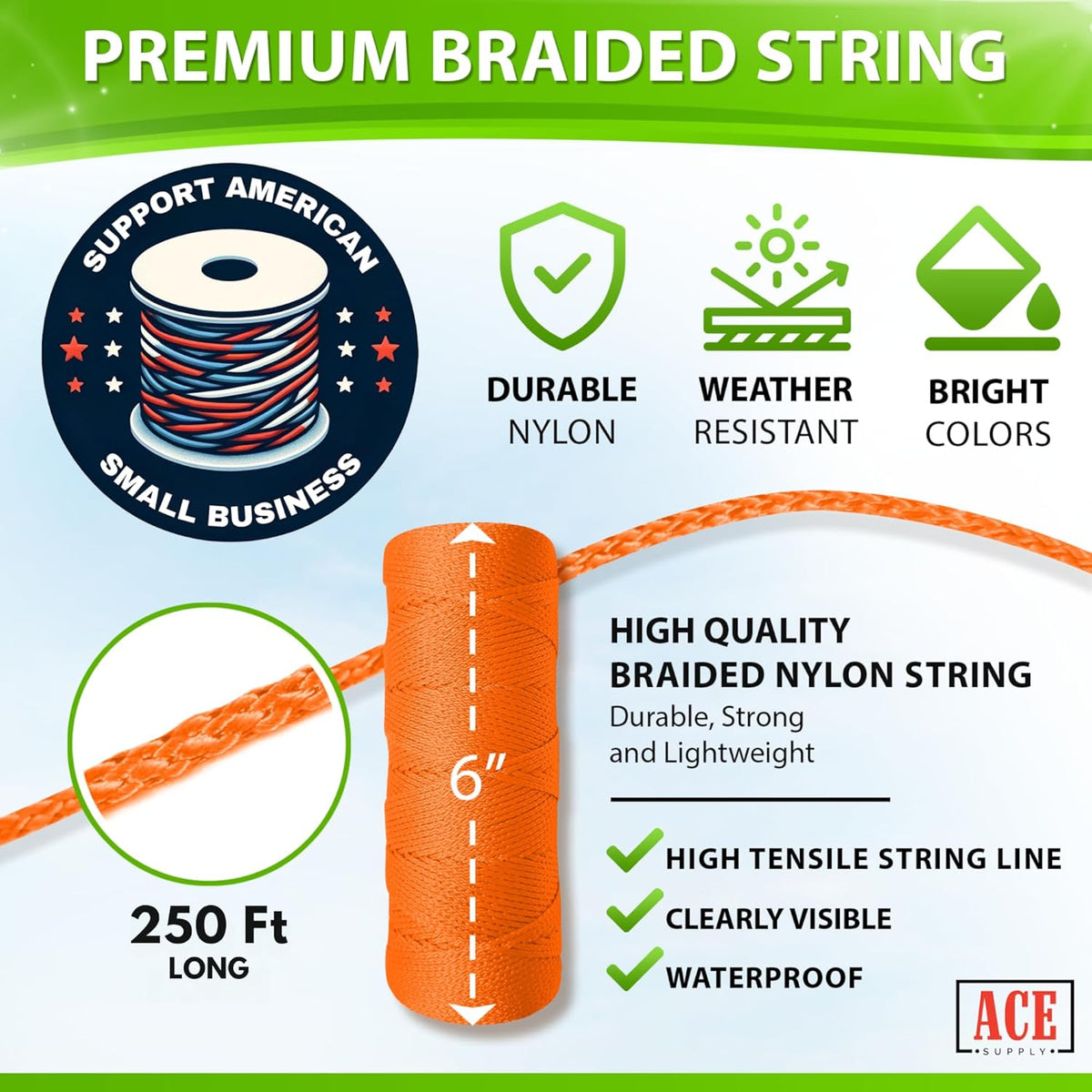 Orange Mason Line String - #18 Braided Nylon Twine - 250 Ft Length for Gardening & Masonry