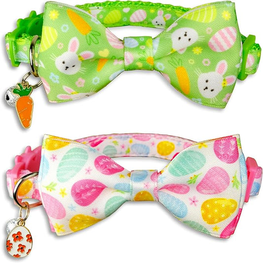 2 Pack Easter Cat Collar with Bowtie Adjustable Cute Kitten Collars for Easter Holiday Bunny and Egg Design with Decorative Charms