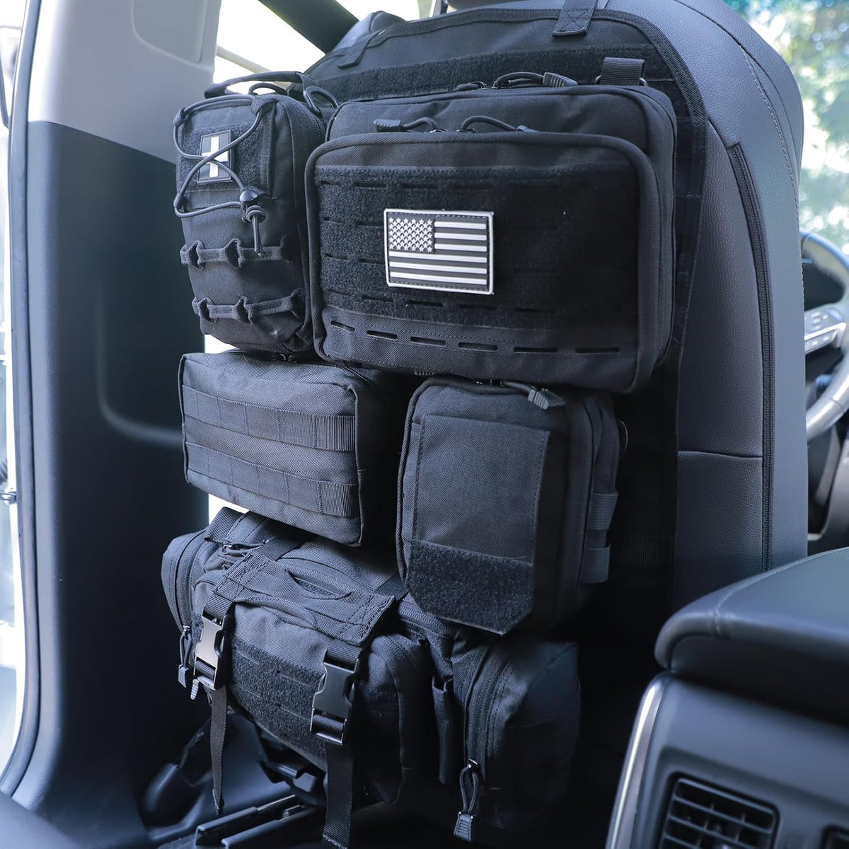 Universal Tactical Car Seat Back Organizer Bag Tactical Molle Vehicle Organizers Panel Vehicle Protector Organizers with 5 Detachable Pouches for Car Truck Ford Jeep (Upgraded C model Black)