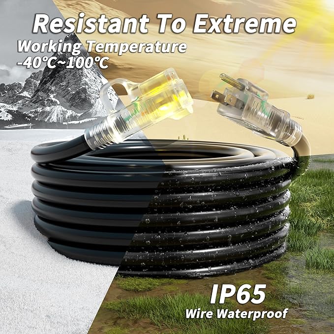 PlugSaf Black 16/3 Gauge Outdoor Extension Cord 150 ft Waterproof with Lighted Indicator,Flexible 3 Prong Long Extension Cord Outside, Cold Weatherproof -40°C, 10A 1250W 16AWG SJTW, ETL Listed