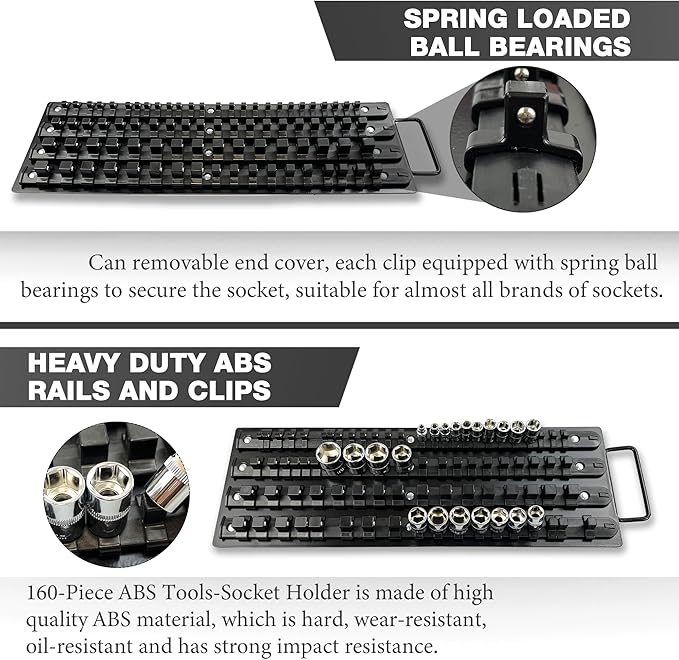 160Pcs ABS Socket Organizer Driver Socket Holder，ABS Tools-Socket Holder，1/4-Inch x 52 Clips，3/8-Inch x 60 Clips, 1/2-Inch x 48 Clips，Premium Quality Socket （2 Pack）