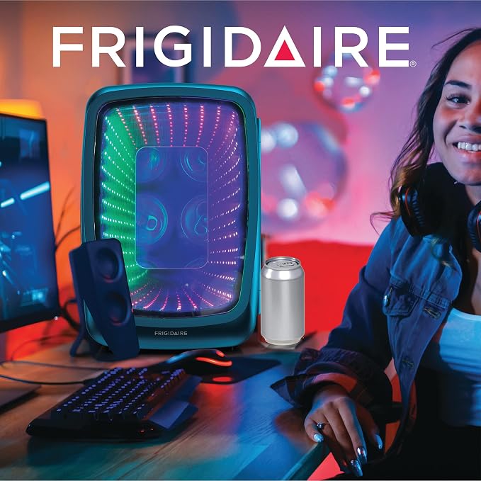 Frigidaire Gaming Light Up Mini Beverage Refrigerator, 6 can, 4 liters, Cooler with large see through door and LED lights Perfect for Gaming Experience, Home, Office, or Cars.12V Charger (Blue)