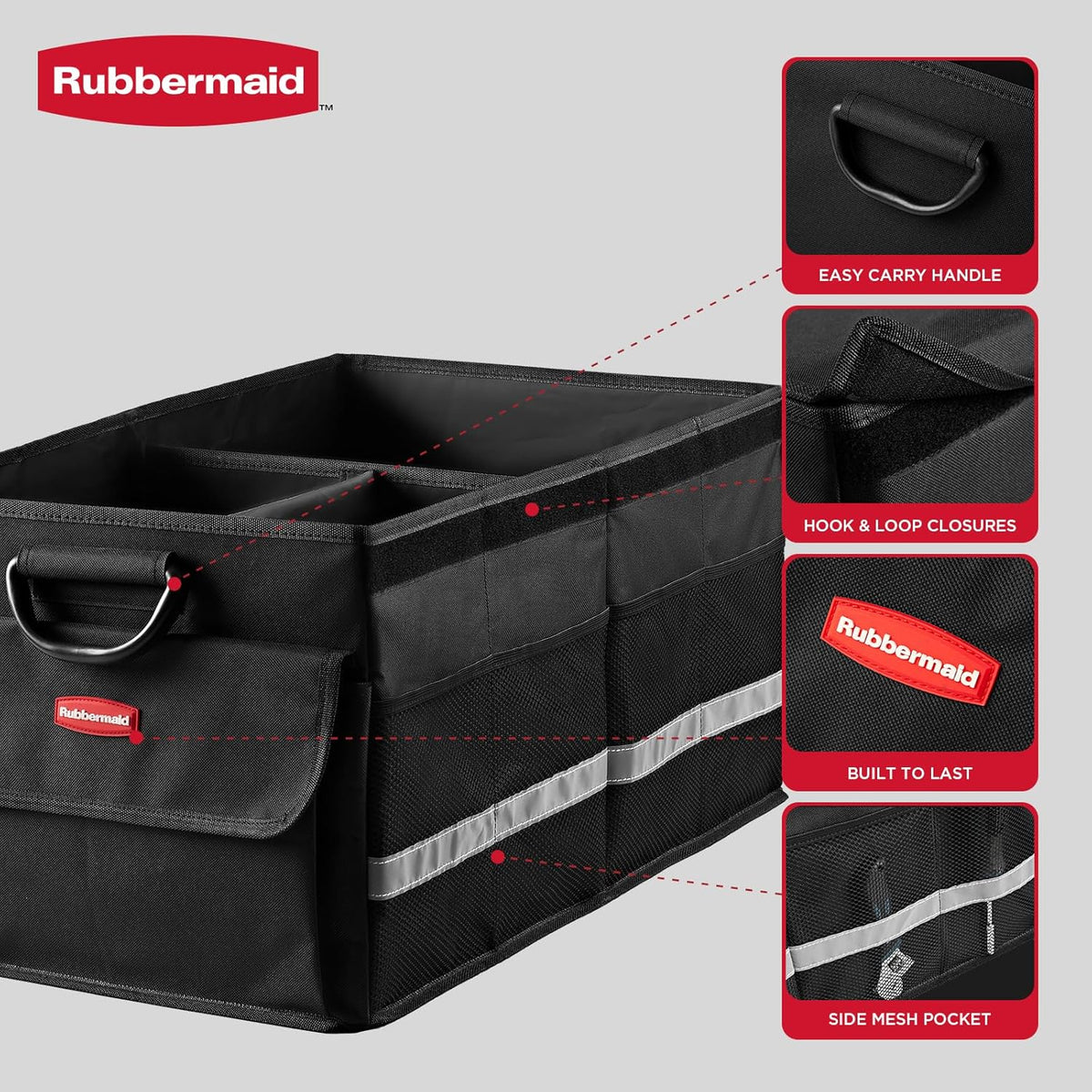 Rubbermaid Car Organizer, Collapsible Trunk Organizer, Multi-Compartment Car Storage Organization for Car Accessories, 3 Compartments With Cover, 23.23"*12.99"*11.81"