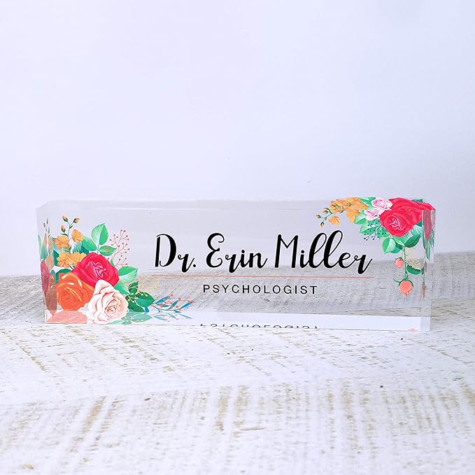 Artblox Office Desk Name Plate Personalized | Custom Name Plates for Desks | Mixed Flowers Design On Clear Acrylic Glass | Office Desk Decor