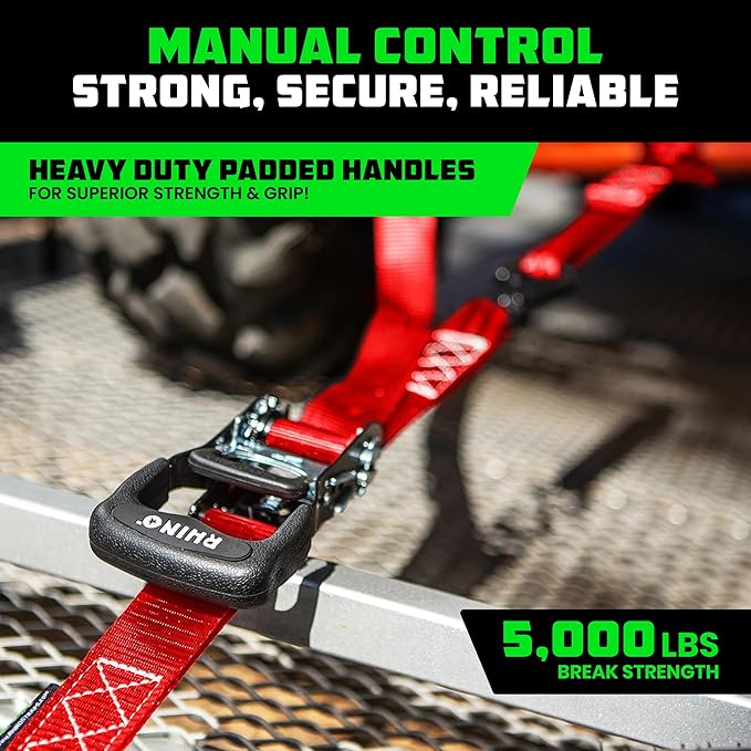 Rhino USA Ratchet Straps Heavy Duty Kit (4-Pack) - 1.6 Inch x 15 Feet Min Break Strength (5,000) - Ultimate Tie Down Straps with Safety S Hooks for Trucks, ATV, UTV, Motorcycle, Cargo & More - Black
