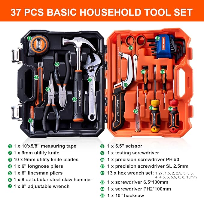 Vanquish 37-Pieces Tool Set for Home,Basic Essential Small Tool Kit Box for Apartment, Dorm, and Household with Blow Molded Storage Case (8001)