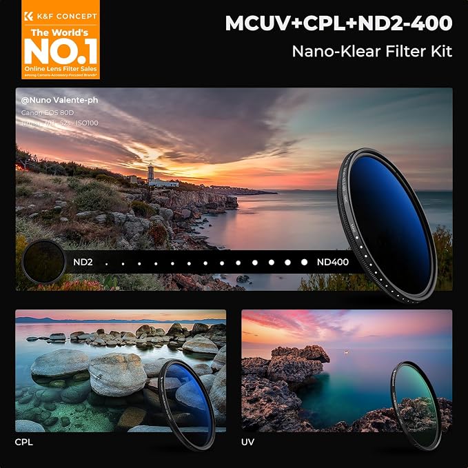 K&F Concept 49mm UV/CPL/ND2-400 Lens Filters Kit-18 Multi-Layer Coatings