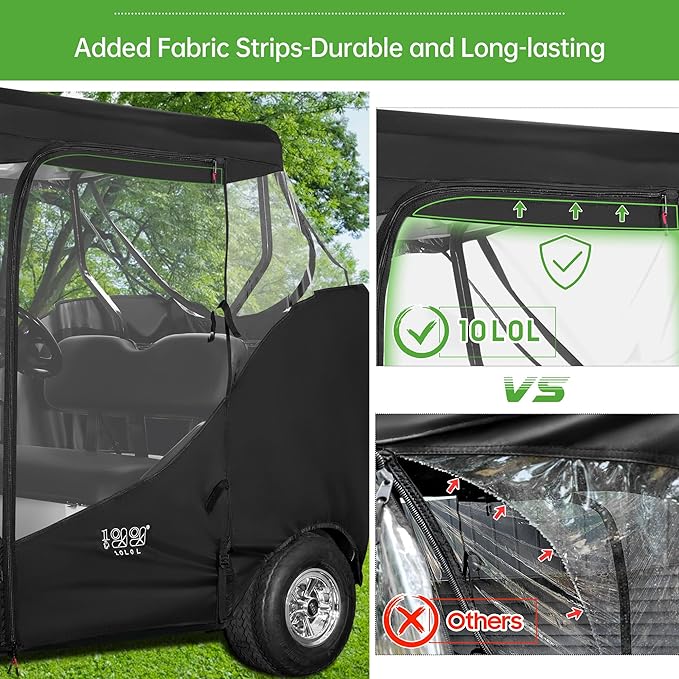 10L0L Golf Cart Enclosure Fit for 2 Passengers EZGO TXT RXV,600D Waterproof Snowproof Golf Buggy Keep Warm Cover, 2 Door Zippers 4-Side Clear Window and 4 Windproof Hooks Golf Cart Rain Cover, Black
