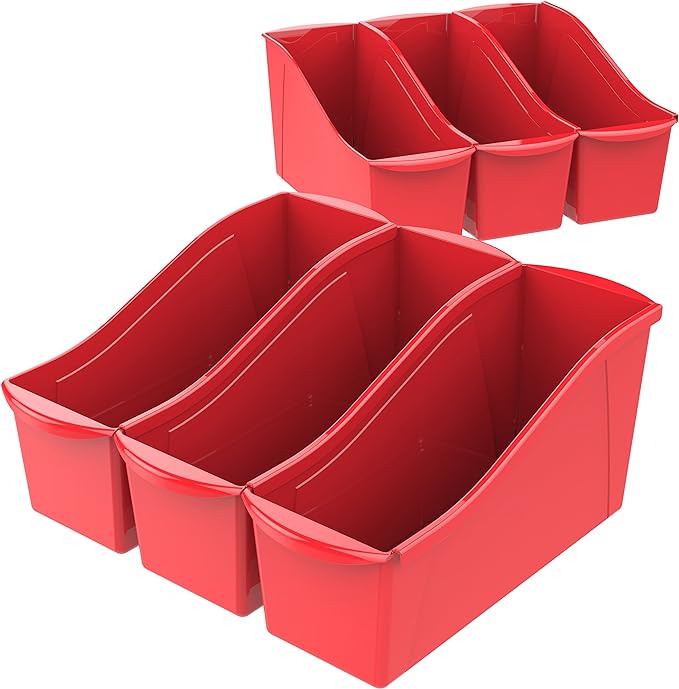 Storex Large Book Bin, Interlocking Plastic Organizer for Home, Office and Classroom, Red, 6-Pack (71102A06C)