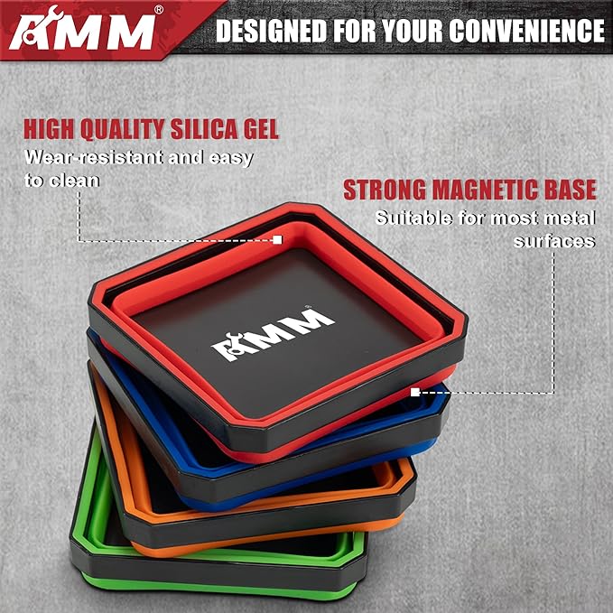 AMM Magnetic Tray, 4 PC Foldable Magnetic Tool Tray Set for Bolts Screws Nuts & Small Metal Parts, Mechanic Tool Present for Men, Red, Blue, Orange, Green, 4.5 Inch Square (4PC, Colorful)