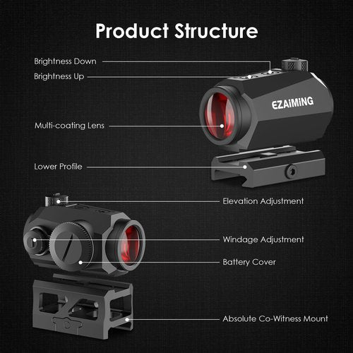 EZAIMING 1 MOA Shake Awake Red Dot Sight 1x20mm Gun Sight IPX7 Waterproof/Shockproof/Fogproof Rifle Scope with Absolute Co-Witness Riser Mount