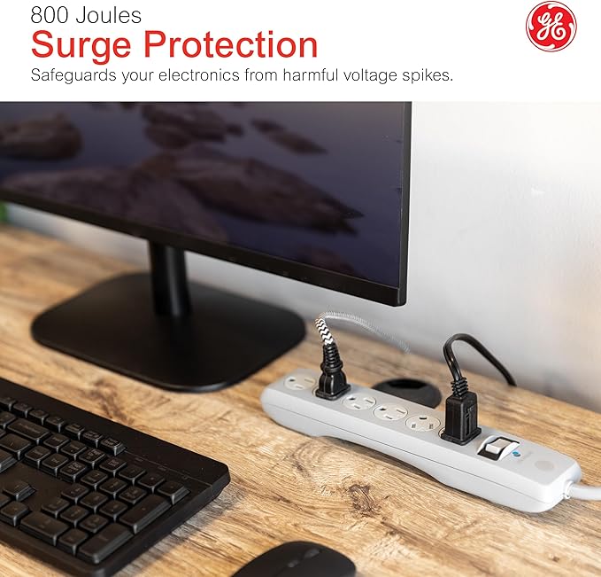 GE Surge Protector Power Strip, 25 Ft Extension Cord, 6 Outlet Extender, 800 Joules, Flat Plug, Twist-to-Close Safety Covers, UL Listed, Gray, 62470