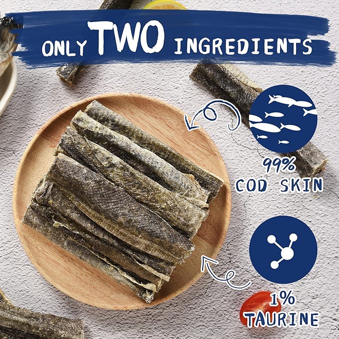 PAWUP Dog Treats, Cod Skins Dog Treat with Taurine, One-Ingredient Grain-Free Chew Fish Skin Rolls Rich in Omega3, 8 oz (4-6 Count)