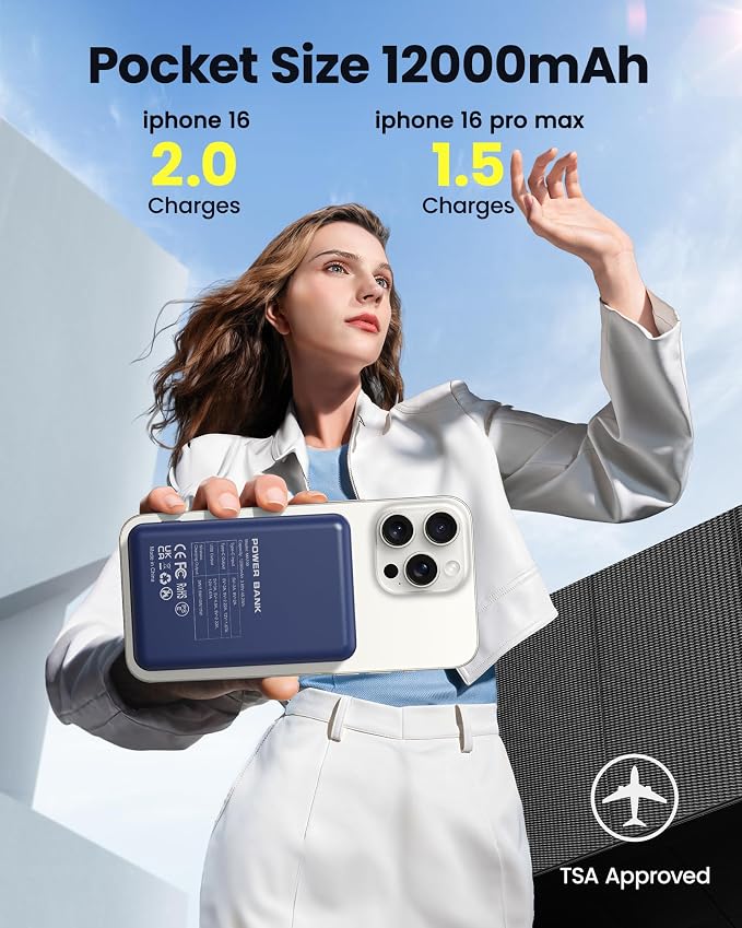 for Magsafe Battery Pack 12000mAh Magnetic Power Bank Portable Charger 20W USB C Fast Charging Wireless Charger for iPhone 17/16/15/14/13/12