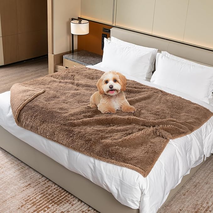 Waterproof Dog Blanket Brown Fluffy Long Faux Fur Pet Throw Blankets 28x20in for Couch Love Bed Cover Washable(Brown,XS)