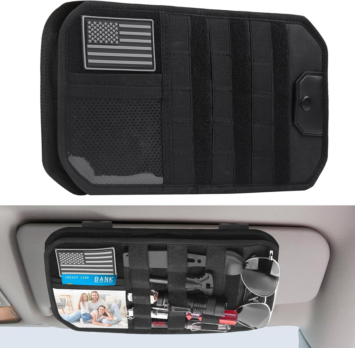 Car Visor Organizer with Zipper Multi-Pockets & Sunglass Holder Molle Car Sun Visor Organizer Universal Fit for Trucks, SUVs, Jeeps & Patrol Vehicles