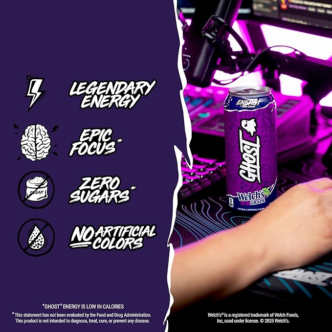 GHOST Energy Drink - 12-Pack, Welch's Grape, 16oz Cans - Energy & Focus & No Artificial Colors - 200mg of Natural Caffeine, L-Carnitine & Taurine - Gluten-Free & Vegan