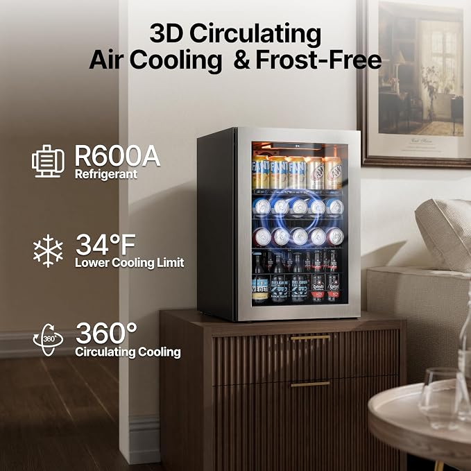 Ca'Lefort 85 Cans Mini Fridge, Beverage Refrigerator Cooler for Drink, Beer | 2.18 Cu.ft, Low-noise, Reversible Glass Door, 3-Color LED Lighting, Adjustable Shelves, 34℉ to 54℉