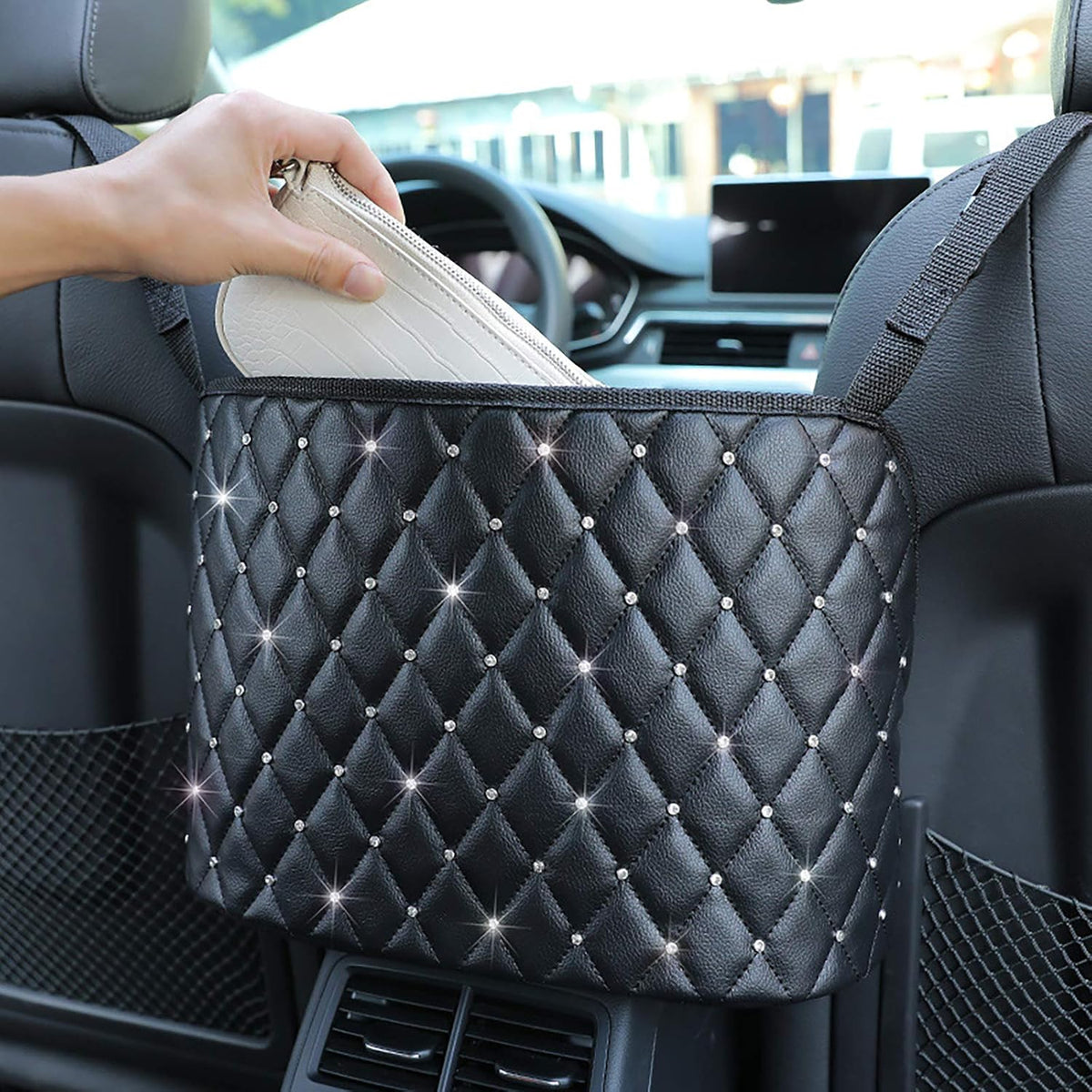 Car Handbag Holder Between Seats Back Storage Organizer Net Pocket Purse Holder Tissue Purse Holder, Driver Storage Pouch for Handbag Cup