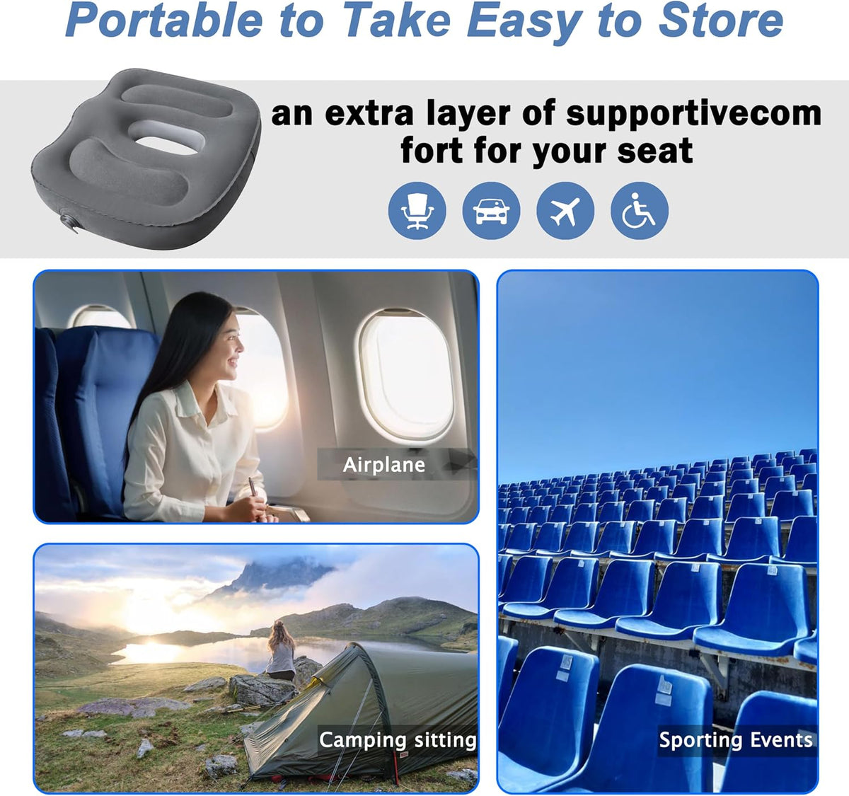 Sondor Travel Cushion,Air Seat Cushion,Evolution Cushion Portable & Lightweight Inflatable Seat Cushion - Ideal for Airplane Chairs, School Bleachers, Stadium Seats, and Wheelchairs (Gray)