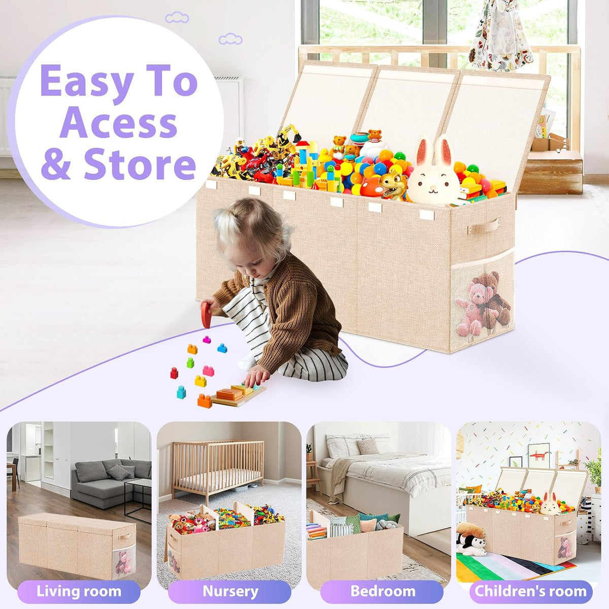 Extra Large Toy Storage Box with Lid Divider, Sturdy Collapsible Toys Organizer Chest Kids Storage Bins Boxes Baskets for Boys, Girls, Nursery, Bedroom, Living Room, Playroom, 40"x14"x16", Beige
