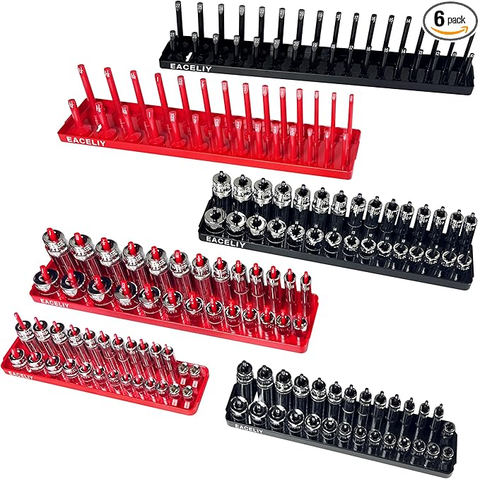 6PCS Socket Organizer Tray Set,1/2", 1/4" and 3/8" SAE & Metric Deep & Shallow Socket Holder Kit, Deep and Shallow Socket Holders for Toolboxes(sockets not included)