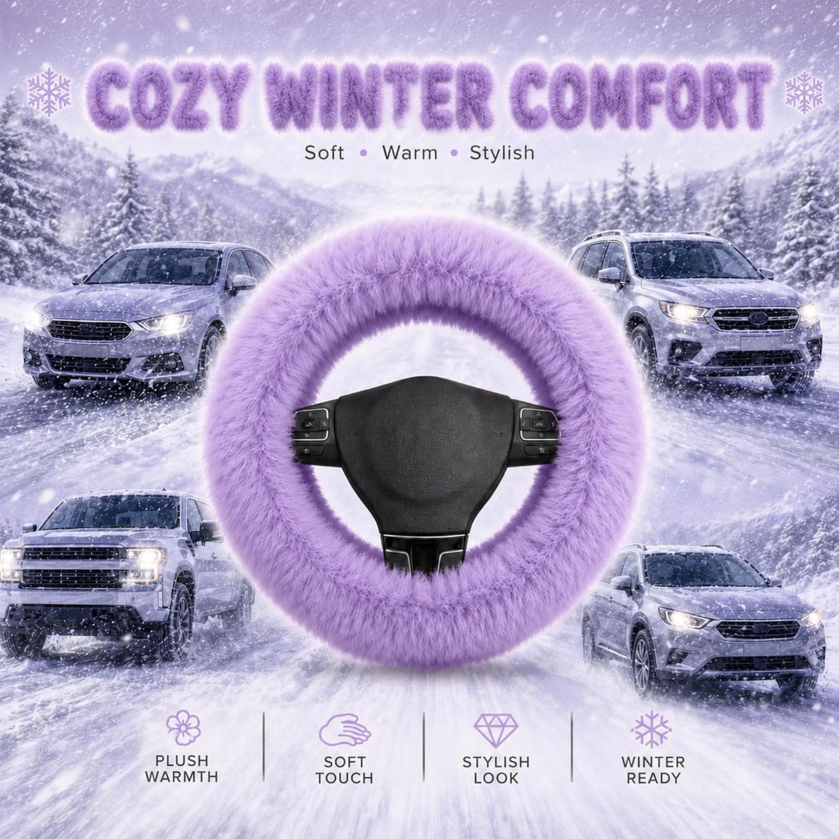 Road Comforts Steering Wheel Cover, Fluffy Car Wheel Covers for Women/Girls/Ladies，Soft Wool Fur Steering Wheel Protector, Universal 14 1/2 inches to 15 inches - Purple