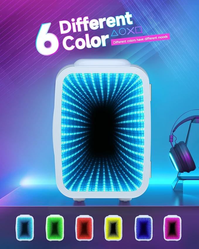 BEICHEN Mini Fridge, 4 Liter/6 Cans Small Fridge With Dimmable LED Light | Cooler and Warmer ,Compact and Portable,Quiet Operation，Home and Car Power Supply，Gaming mini fridge for Bedroom,Office