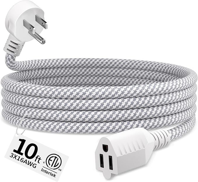 16 Gauge Braided Extension Cord 10 FT, 16/3 Flat Plug Power Cord Indoor, 3 Prong White Extension Cable Flexible for Home Dorm Room Essentials, 13A 125V 1625W, ETL Listed