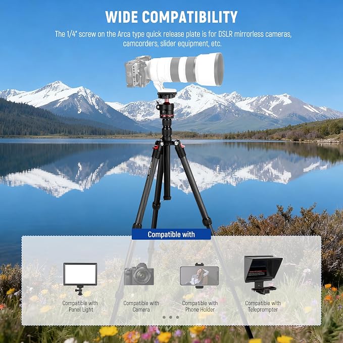 NEEWER Basics Carbon Fiber Travel Tripod, Arca Type Ball Head & Cell Phone