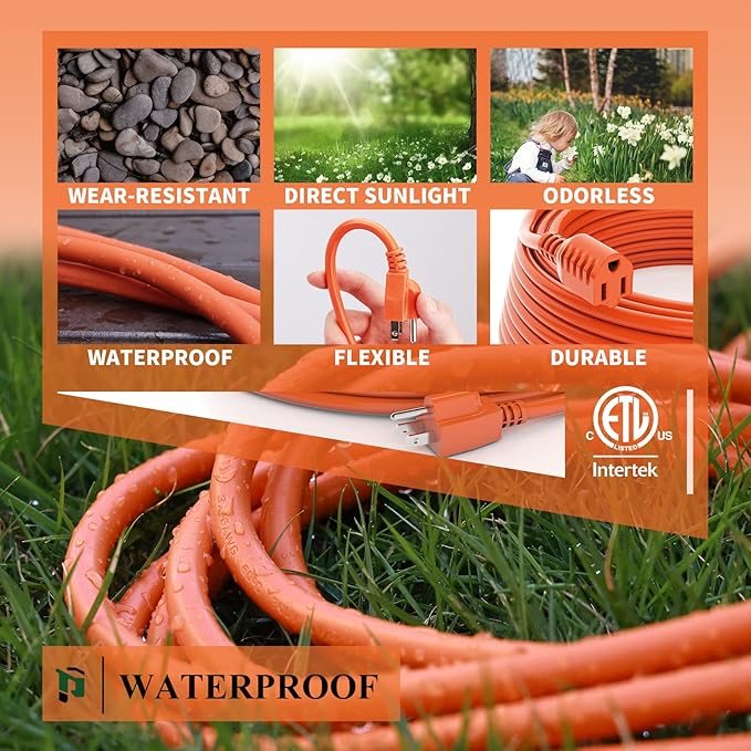 Outdoor Extension Cord 30 FT Waterproof, 16/3 Gauge Heavy Duty 3 Prong Extension Cord, 13A 1625W SJTW, ETL Listed, Great for Garden and Home, Orange