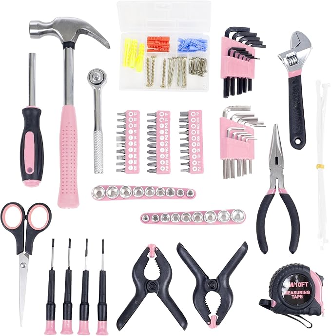 86-Piece Tool Set - Household Tool Kit with Screwdrivers, Pliers, Wrenches, Clamps, and Roll-Up Bag - For the Home, Office, or Car by Stalwart (Pink)