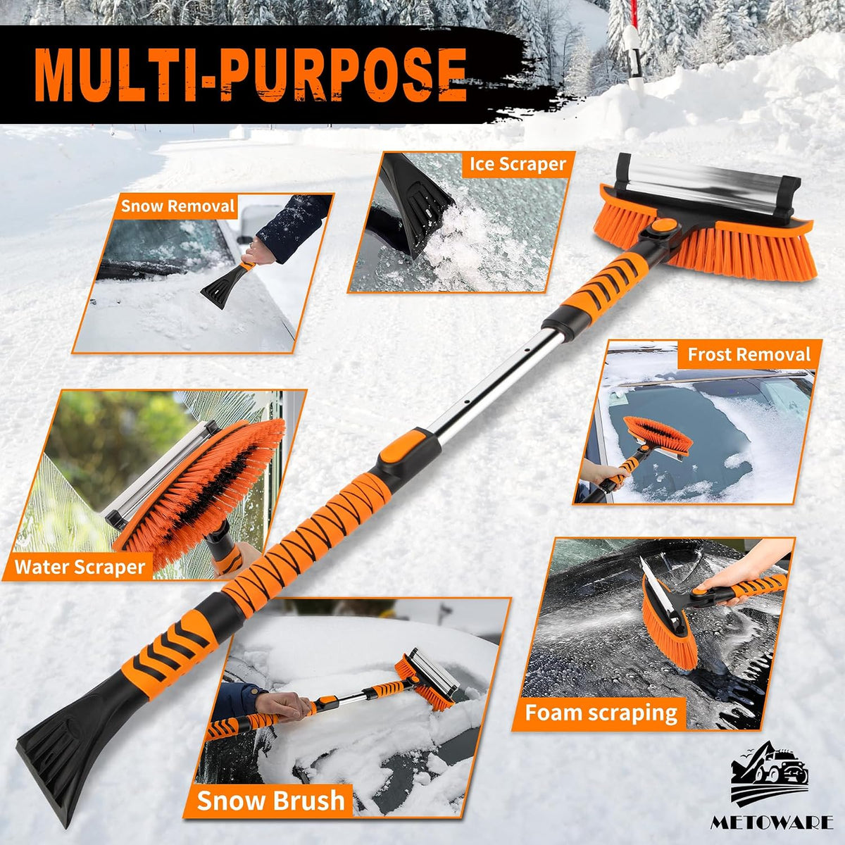 METOWARE 44'' Snow Brush and Ice Scrapers for Car Windshield, Extendable Snow Brush for Car with Ergonomic Foam Grip and 360° Pivoting Brush Head for Car SUV Truck